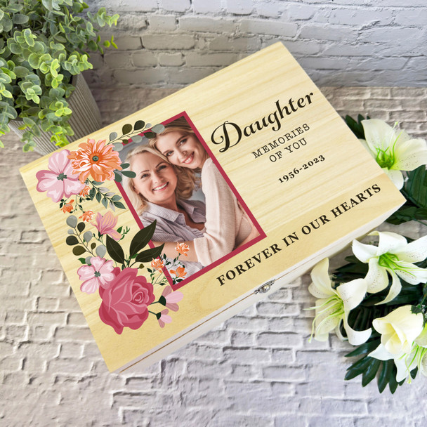 Daughter Floral Photo Frame Memorial Personalised Wooden Memory Keepsake Box