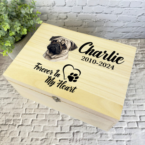 Pug Dog Paw Print Heart Pet Memorial Personalised Wooden Memory Keepsake Box