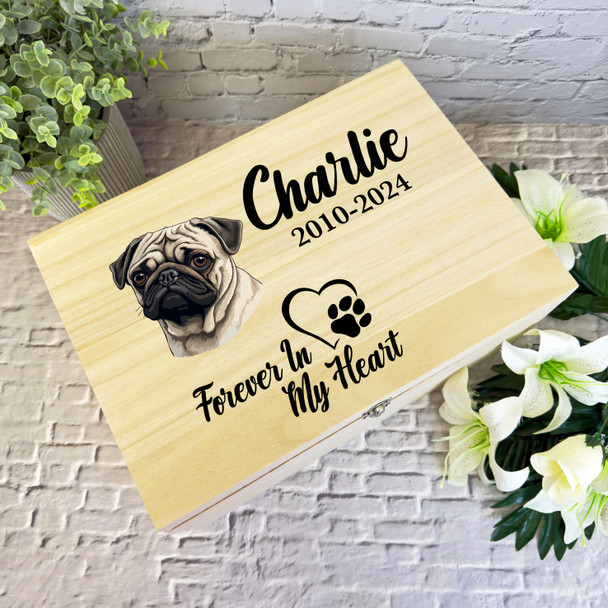 Pug Dog Paw Print Heart Pet Memorial Personalised Wooden Memory Keepsake Box