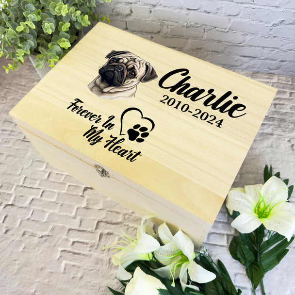 Pug Dog Paw Print Heart Pet Memorial Personalised Wooden Memory Keepsake Box