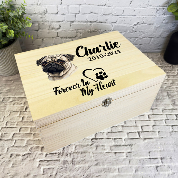 Pug Dog Paw Print Heart Pet Memorial Personalised Wooden Memory Keepsake Box