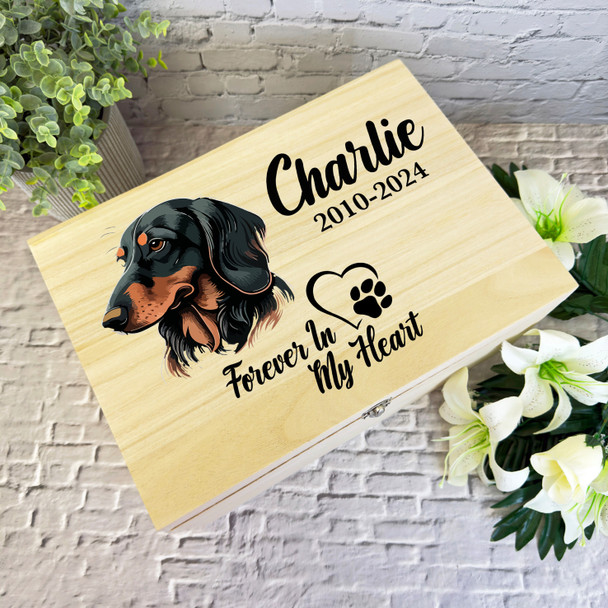 Dachshund Dog Paw Print Heart Pet Memorial Personalised Wooden Keepsake Box