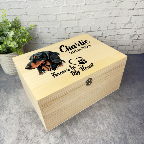 Dachshund Dog Paw Print Heart Pet Memorial Personalised Wooden Keepsake Box