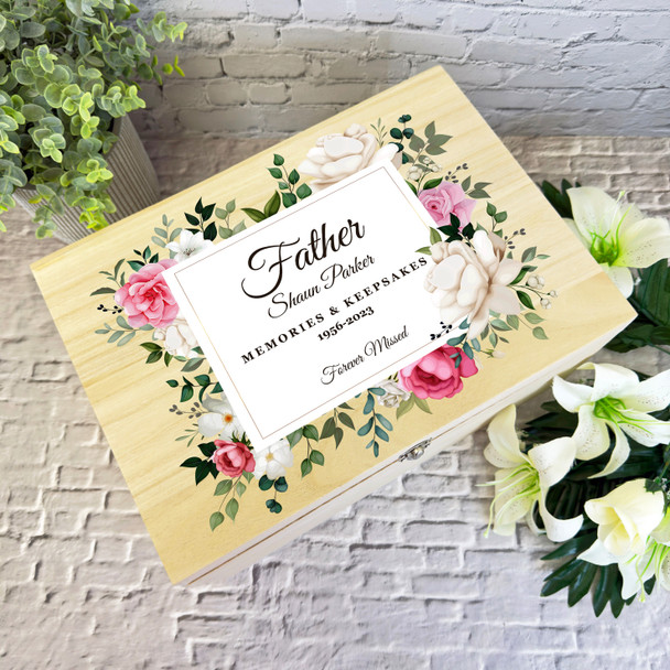 Father Pink White Floral Memories Memorial Personalised Wooden Keepsake Box