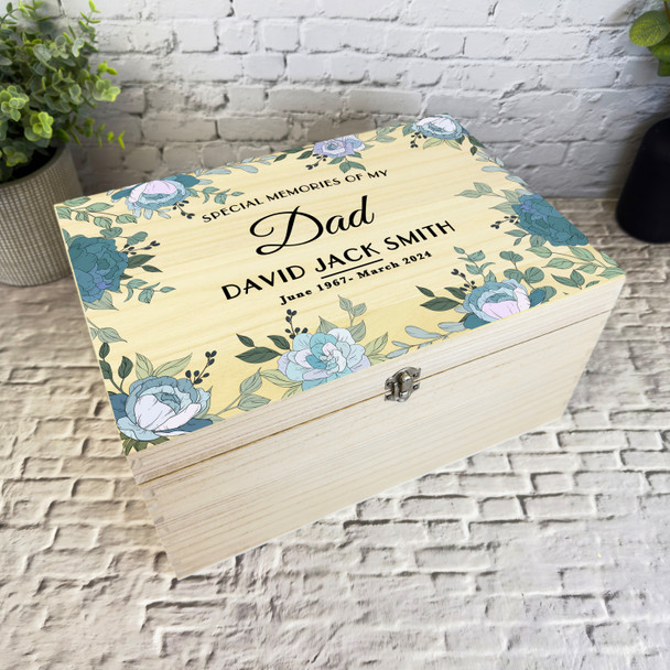 Memories Of Dad Blue Floral Frame Memorial Personalised Wooden Keepsake Box