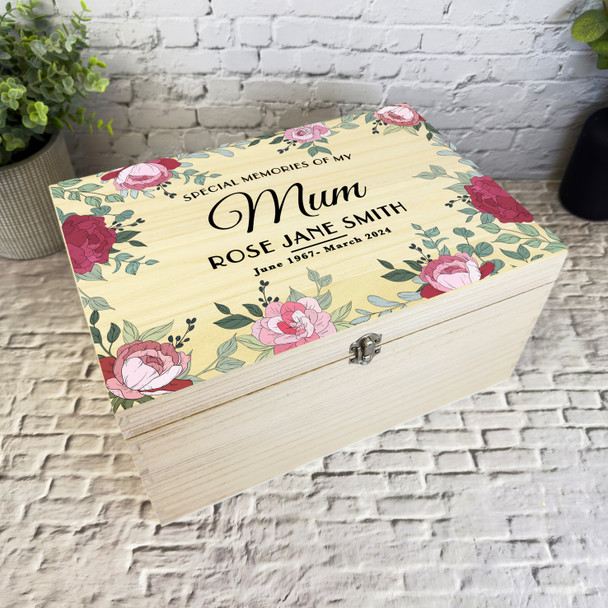 Memories Of Mum Pink Floral Frame Memorial Personalised Wooden Keepsake Box