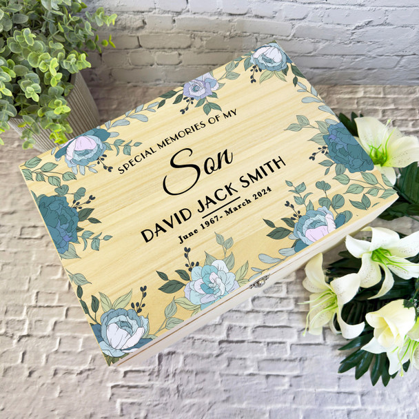 Memories Of Son Blue Floral Frame Memorial Personalised Wooden Keepsake Box