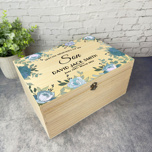 Memories Of Son Blue Floral Frame Memorial Personalised Wooden Keepsake Box