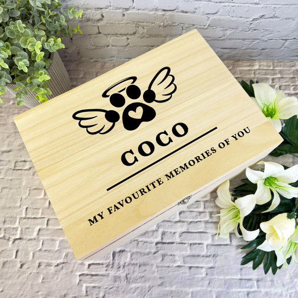 Paw Print With Wings Memories Pet Memorial Personalised Wooden Keepsake Box