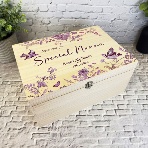 Pink Birds Special Nanna Memories Memorial Personalised Wooden Keepsake Box