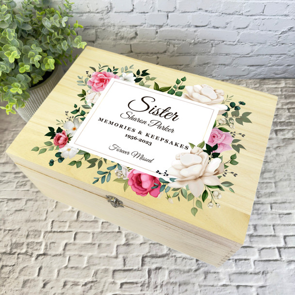 Sister Pink White Floral Memories Memorial Personalised Wooden Keepsake Box