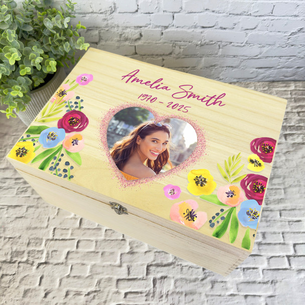 Female Heart Photo Flowers Memorial Personalised Wooden Memory Keepsake Box