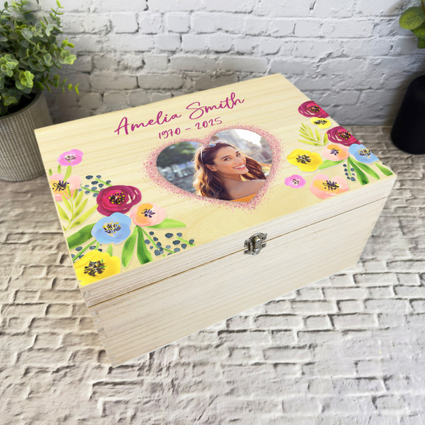 Female Heart Photo Flowers Memorial Personalised Wooden Memory Keepsake Box