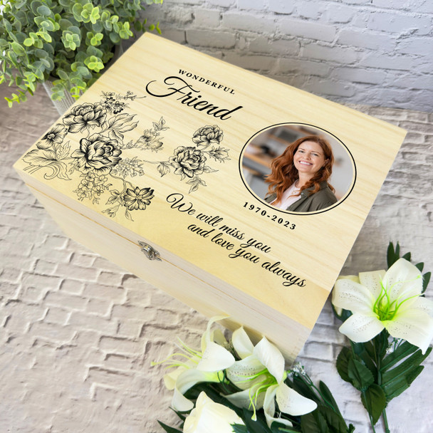 Friend Black Flowers Photo Frame Memorial Personalised Wooden Keepsake Box