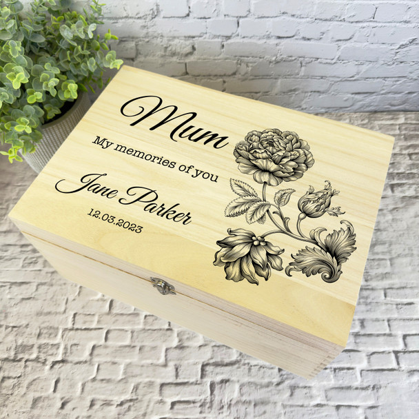 Mum Memories Of You Black Flower Memorial Personalised Wooden Keepsake Box