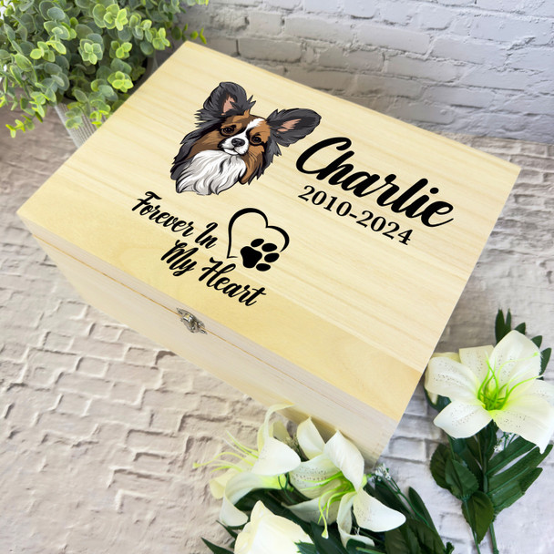 Papillon Dog Paw Print Heart Pet Memorial Personalised Wooden Keepsake Box