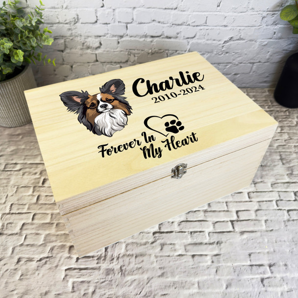 Papillon Dog Paw Print Heart Pet Memorial Personalised Wooden Keepsake Box