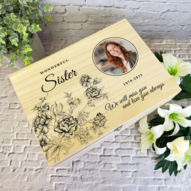 Sister Black Flowers Photo Frame Memorial Personalised Wooden Keepsake Box