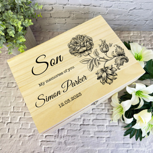 Son Memories Of You Black Flower Memorial Personalised Wooden Keepsake Box