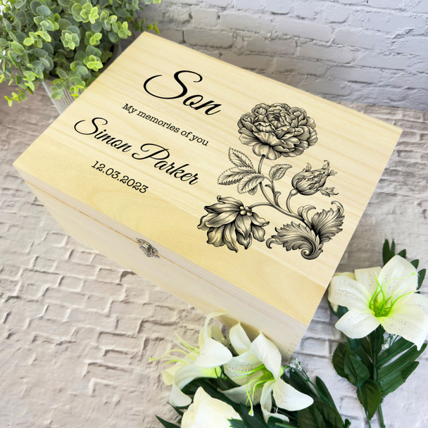 Son Memories Of You Black Flower Memorial Personalised Wooden Keepsake Box