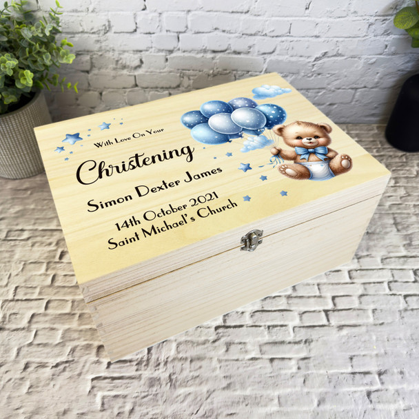 Blue Stars Teddy Bear Balloons Boys Christening Personalised Wooden Keepsake Box