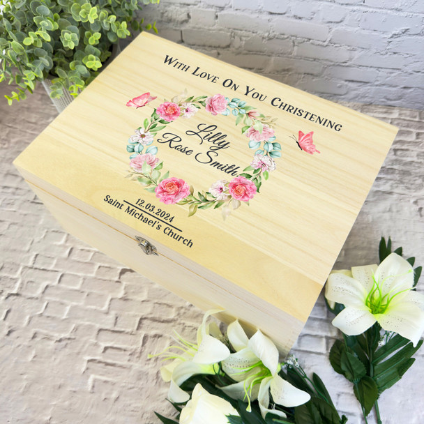 Pink Blue Floral Wreath Butterflies Christening Personalised Wooden Keepsake Box