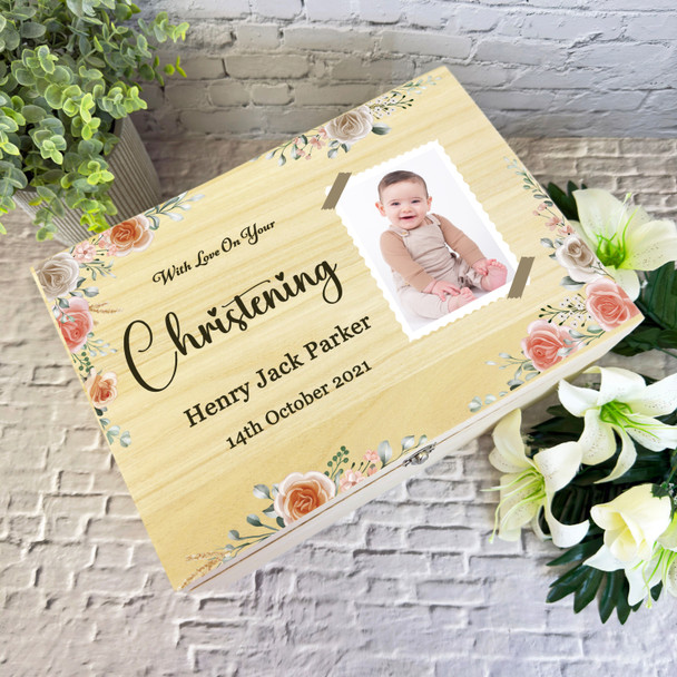 Peach Cream Floral Photo Boy Christening Personalised Wooden Memory Keepsake Box