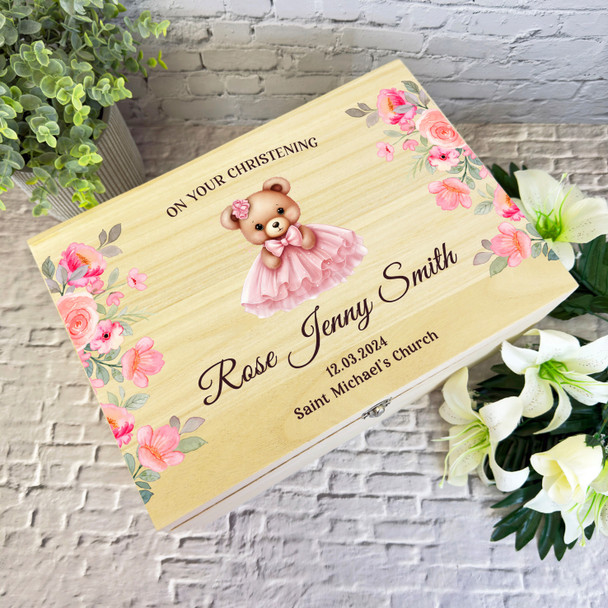 Pink Floral Dress Teddy Bear Christening Personalised Wooden Memory Keepsake Box