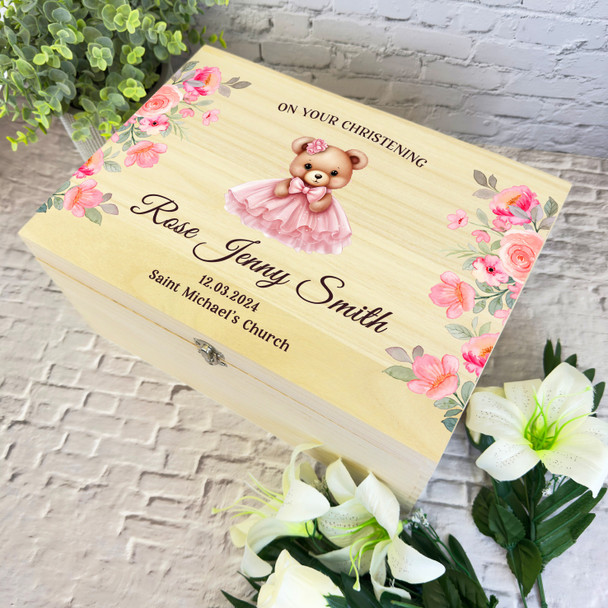 Pink Floral Dress Teddy Bear Christening Personalised Wooden Memory Keepsake Box