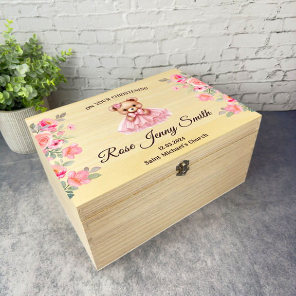 Pink Floral Dress Teddy Bear Christening Personalised Wooden Memory Keepsake Box