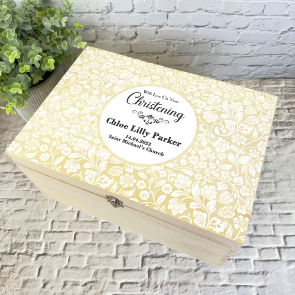 White Flower Pattern Christening Personalised Storage Wooden Memory Keepsake Box