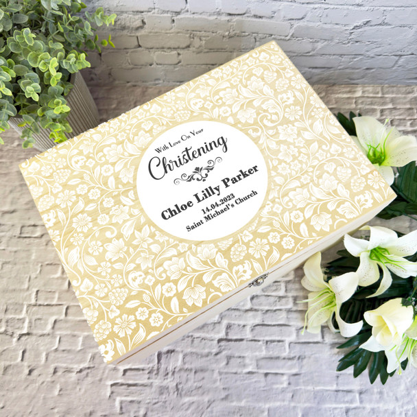 White Flower Pattern Christening Personalised Storage Wooden Memory Keepsake Box