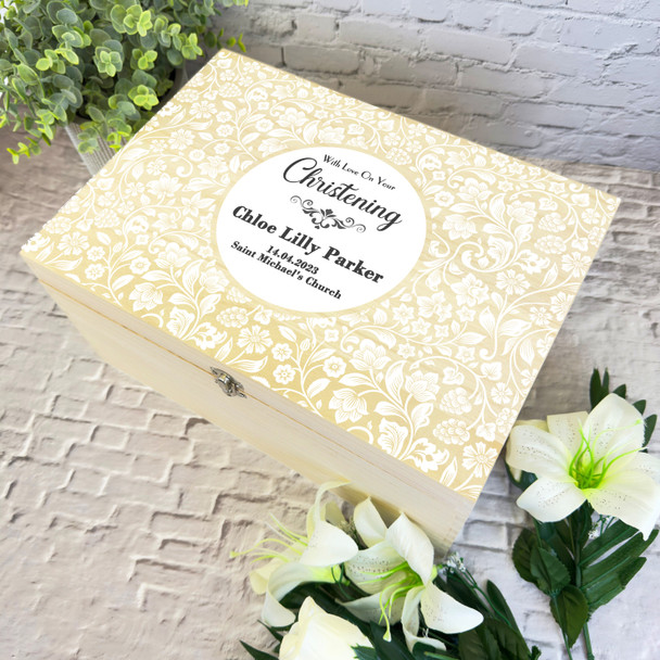 White Flower Pattern Christening Personalised Storage Wooden Memory Keepsake Box