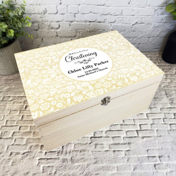 White Flower Pattern Christening Personalised Storage Wooden Memory Keepsake Box