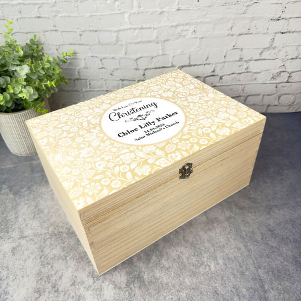 White Flower Pattern Christening Personalised Storage Wooden Memory Keepsake Box