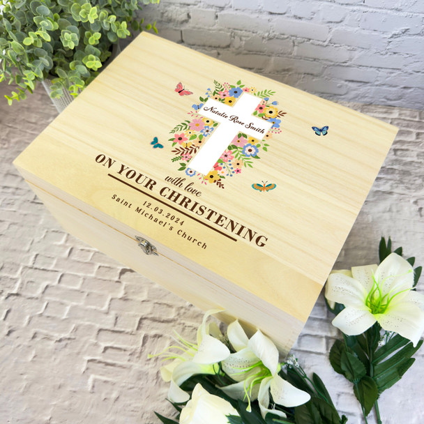 Floral Butterflies Cross With Love Christening Personalised Wooden Keepsake Box