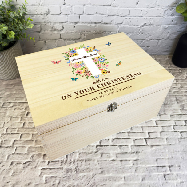 Floral Butterflies Cross With Love Christening Personalised Wooden Keepsake Box