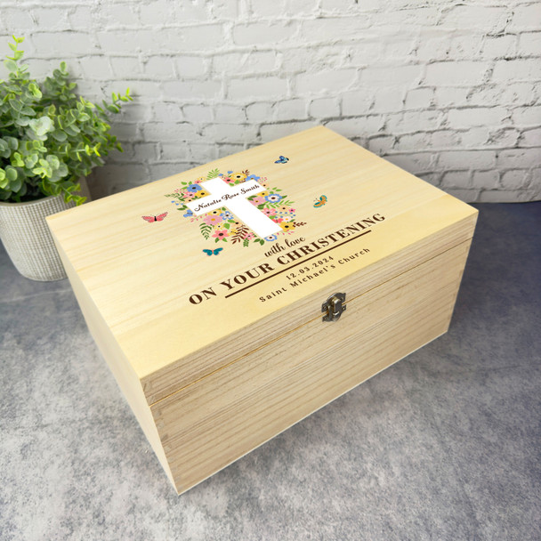 Floral Butterflies Cross With Love Christening Personalised Wooden Keepsake Box