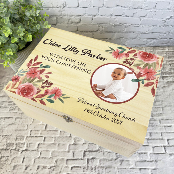 Watercolour Red Floral Round Photo Christening Personalised Wooden Keepsake Box