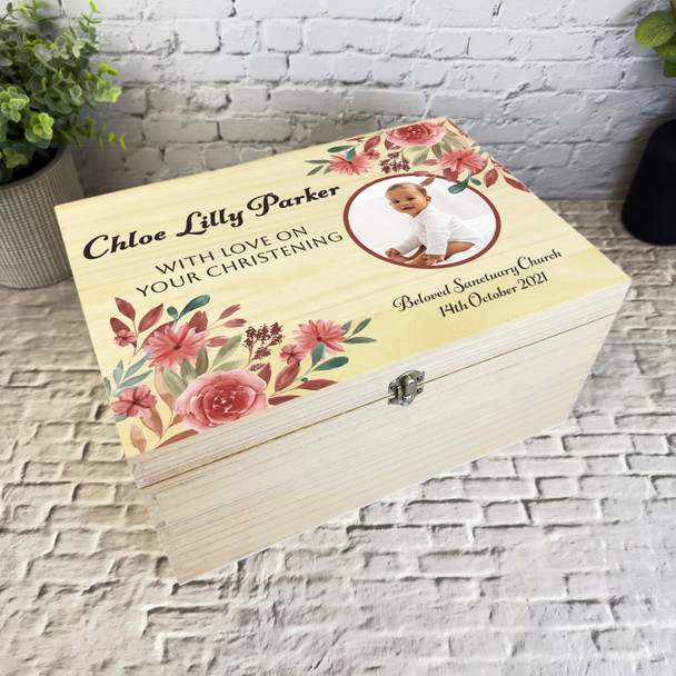 Watercolour Red Floral Round Photo Christening Personalised Wooden Keepsake Box