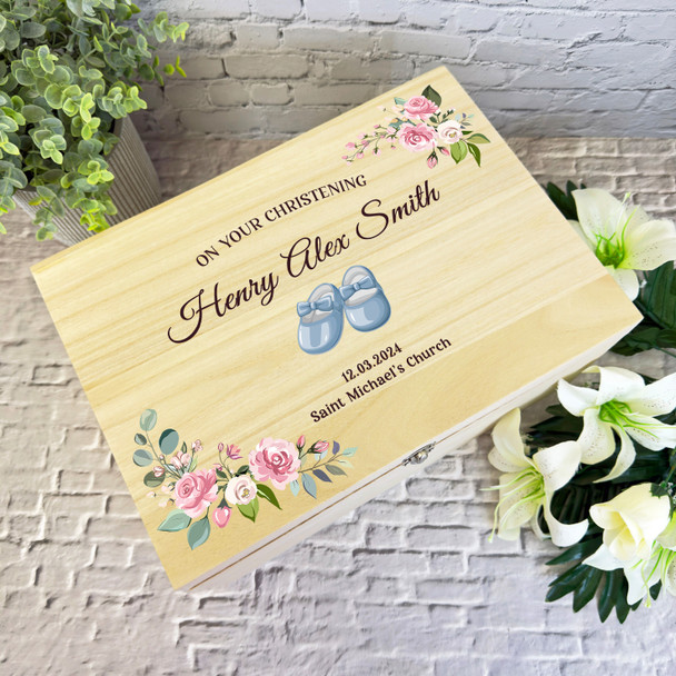 Floral Pink Blue Baby Shoes Christening Personalised Wooden Memory Keepsake Box