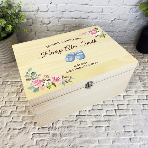 Floral Pink Blue Baby Shoes Christening Personalised Wooden Memory Keepsake Box