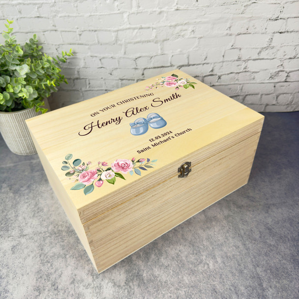 Floral Pink Blue Baby Shoes Christening Personalised Wooden Memory Keepsake Box