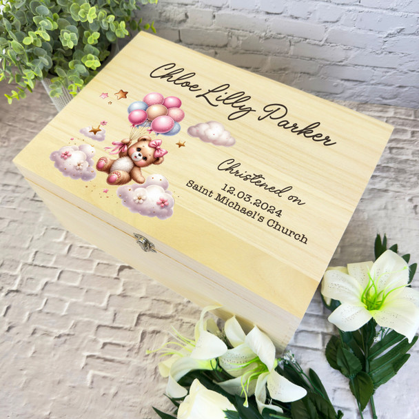 Pink Bear Flying Teddy Bear Christening Personalised Wooden Memory Keepsake Box