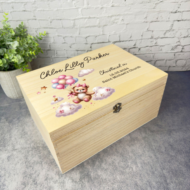 Pink Bear Flying Teddy Bear Christening Personalised Wooden Memory Keepsake Box