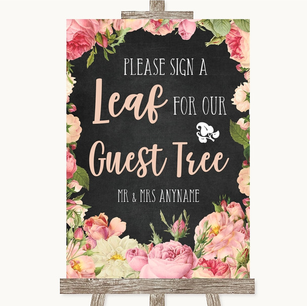 Chalkboard Style Pink Roses Guest Tree Leaf Personalised Wedding Sign