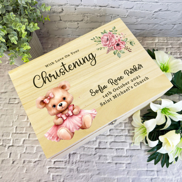 Watercolour Pink Dress Teddy Bear Christening Personalised Wooden Keepsake Box