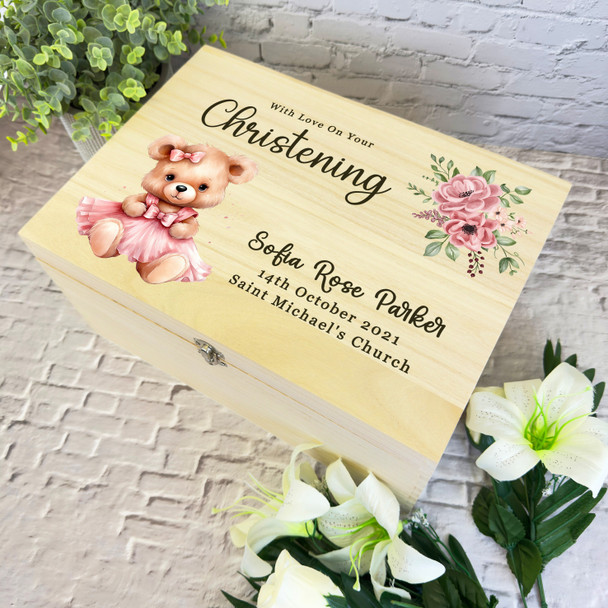 Watercolour Pink Dress Teddy Bear Christening Personalised Wooden Keepsake Box