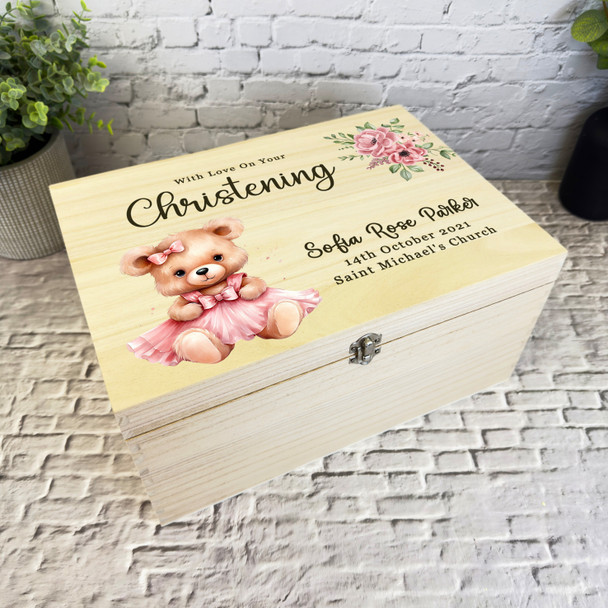 Watercolour Pink Dress Teddy Bear Christening Personalised Wooden Keepsake Box