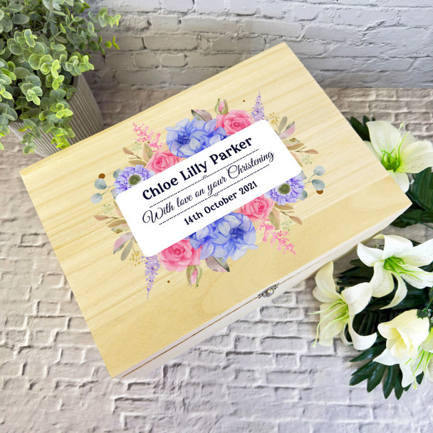 Pink Blue Floral With Love Christening Personalised Wooden Memory Keepsake Box